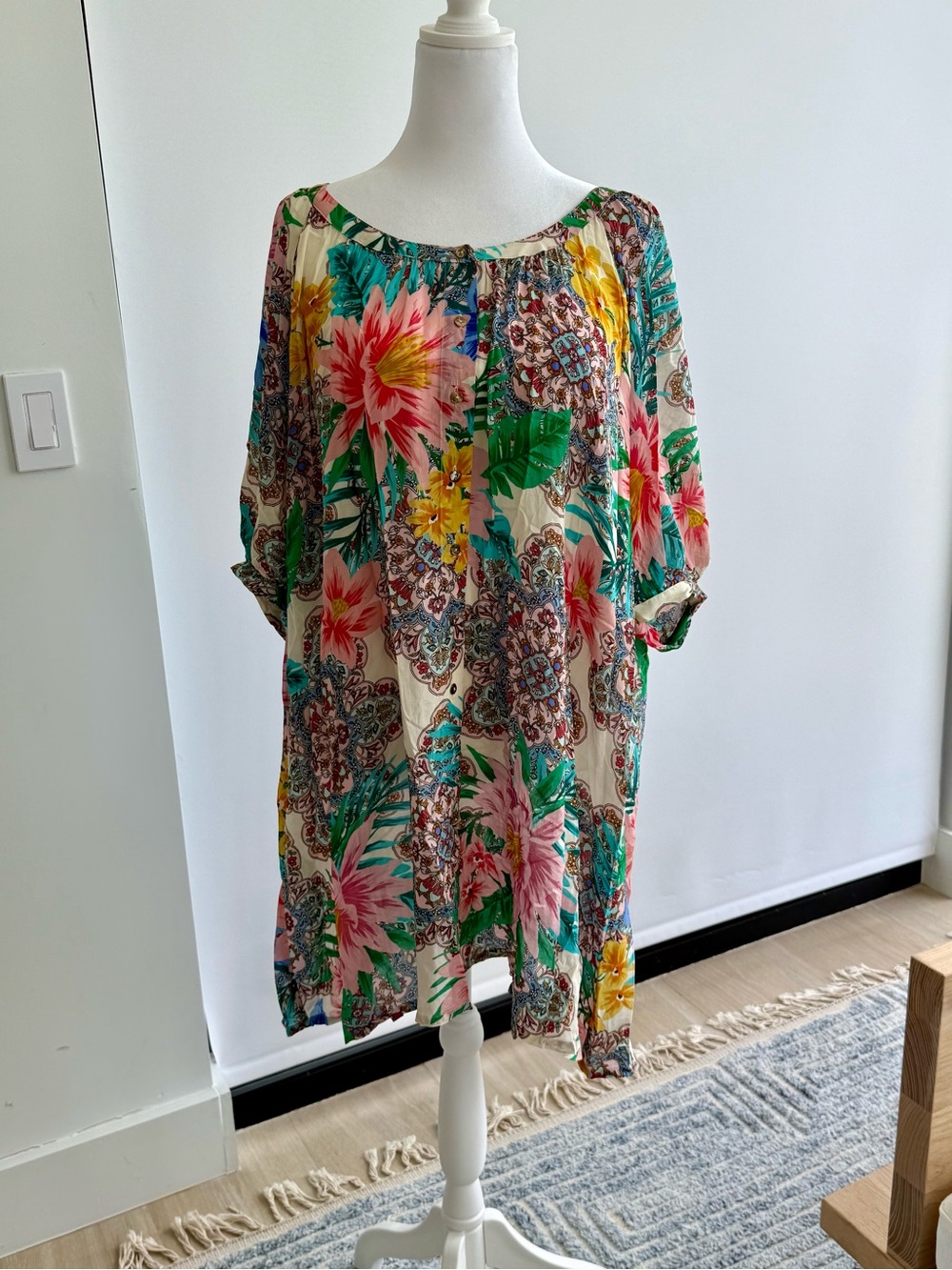 Johnny Was Cream Floral Midi Dress with Pink, Green & Yellow Accents